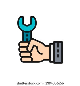 Hand with wrench, working process flat color icon.