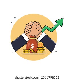 Hand Wrestling and Gold Coin Vector Illustration. Business Competition Concept Design