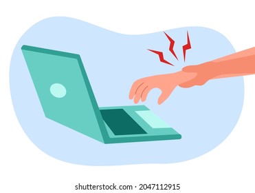 Hand Or Wrist Pain From Typing Keyboard On Laptop Computer In Flat Design. Arm Pain.