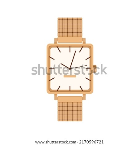 Hand wrist watch design with gold bracelet, angled dial, arrows. Elegant wristwatch. Jewelry clocks, watches with metal band. Colored flat graphic vector illustration isolated on white background