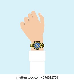 Hand with a wrist watch. Golden analog watch. Man fashion accessory. Vector flat illustration style. 