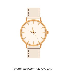 Hand wrist watches design with leather bracelet and metal gold dial. Analog wristwatch with arrows. Arm clocks, watch with strap. Time accessory. Flat vector illustration isolated on white background svg
