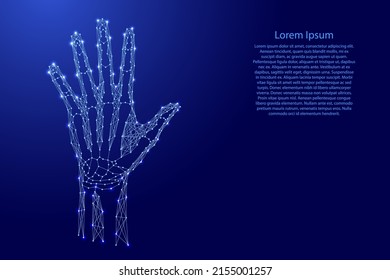 Hand wristof man with bones, from futuristic polygonal blue lines and glowing stars for banner, poster, greeting card. Vector illustration.