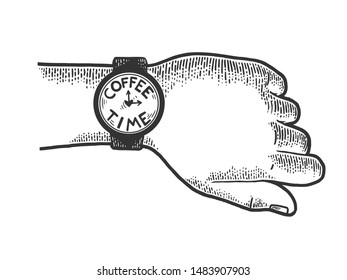 Hand with wristwatch coffee time sketch engraving vector illustration. Scratch board style imitation. Black and white hand drawn image.