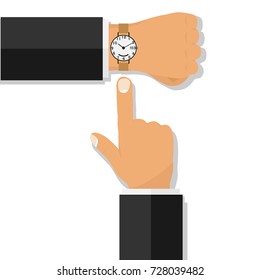 Hand with a wristwatch. The finger points to the clock. Flat design, vector illustration, vector.