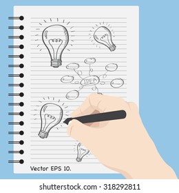 Hand write idea concept with light bulb on the notebook, Vector Illustration EPS 10.