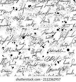 Hand write poetry blot black vector pattern seamless on white background. Abstract illustration.