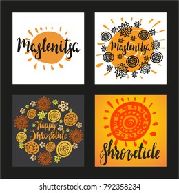 Hand writen set of cards with lettering Maslenitsa and Shrovetide with ornaments. National holiday. Maslenitsa is Slavic traditional holiday. Carnival. Hand drawn vector illusration, brushpen. Vector