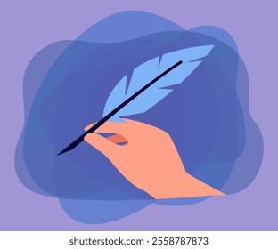 Hand of writer or poet holding quill pen. Person writing with feather flat vector illustration. Inspiration, creativity, journalism concept for banner, website design or landing web page