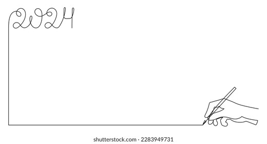 Hand writes 2024 one line art, hand drawn continuous contour. Holiday concept, festive New year handwriting text, minimalist design. Editable stroke. Isolated. Vector illustration
