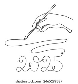Hand writes 2025 one line art, hand drawn continuous contour. Holiday concept, festive New year handwriting text, minimalist design. Editable stroke. Isolated. Vector illustration
