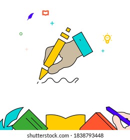 Hand escribe con un icono vectorial de línea llena de bolígrafo, ilustración simple, educación y creatividad relacionada con el borde inferior.