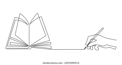 Hand writes book one line art,hand drawn notes in workbook,lesson summary continuous contour.Minimalist design,simple decoration.Book writing concept, template outline.Editable stroke.Isolated.Vector 