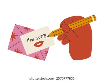 Hand writes a letter with an apology. Sorry sticker. Flat vector illustration isolated on white background.