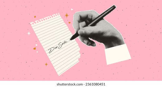 A hand writes a letter to Santa on a sheet of notebook. Merry Christmas and Happy New Year. Trendy halftone collage for posters, banners, cards.