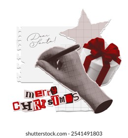 A hand writes a letter to Santa on a sheet of notebook. Merry Christmas and Happy New Year vintage concept. Trendy halftone collage for posters, banners, cards. Vector paper stickers