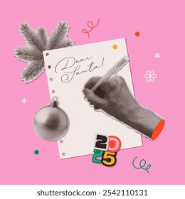 A hand writes a letter to Santa on a sheet of notebook. Trendy halftone collage for posters, banners, cards. Merry Christmas and Happy New Year. Vector trendy illustration.