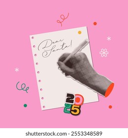 A hand writes a letter to Santa on a sheet of notebook. Trendy halftone collage for posters, banners, cards. Merry Christmas and Happy New Year. Vector trendy illustration.