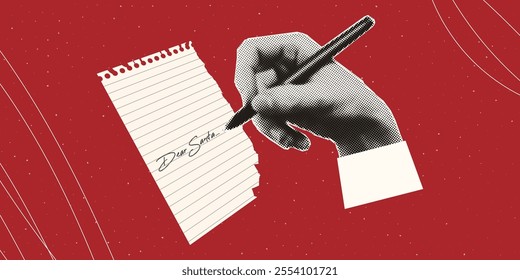 Hand writes a letter to Santa on a sheet of notebook. Merry Christmas and Happy New Year. Trendy halftone collage for posters, banners, cards.