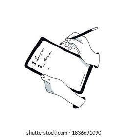 Hand writes list, plan.Full concept vector business plan, list for new year, month.