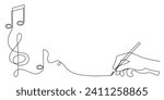 Hand writes musical treble clef and notes one line art, hand drawn continuous contour. Artistic creative concept, minimalist outline design. Editable stroke. Isolated. Vector illustration