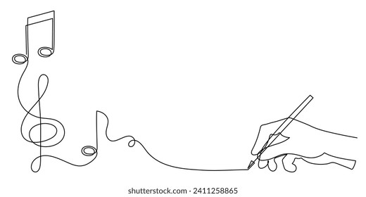 Hand writes musical treble clef and notes one line art, hand drawn continuous contour. Artistic creative concept, minimalist outline design. Editable stroke. Isolated. Vector illustration