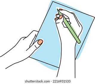 A hand writes a note on a sheet with a pen in a vector illustration