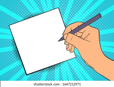 Hand writes a note. Pop Art vintage vector illustration