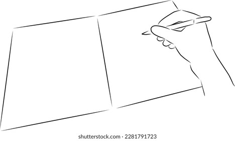 Hand writes in a notebook, vector. Hand drawn sketch. The hand writes with a pen in a notebook or book.