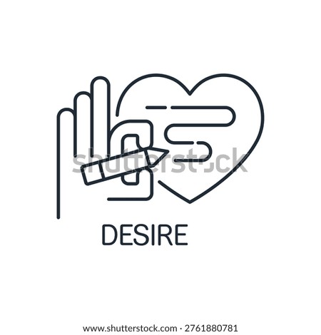 A hand writes on a heart with a pen. A sincere, cherished desire.Make a wish. Vector linear icon illustration isolated on white background.