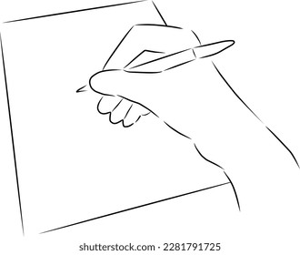 Hand writes on paper, vector. Hand drawn sketch. The hand writes with a pen on a sheet of paper.