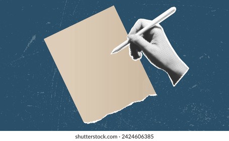 hand writes on a torn sheet of paper. retro style, halftone. Writing notes, memos, plans, goals, tasks.