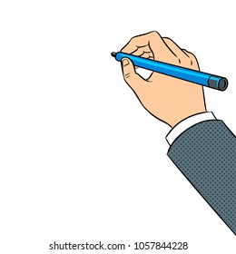 Hand writes on white board pop art retro vector illustration. Isolated image on white background. Comic book style imitation.