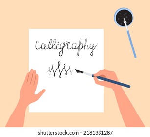 Hand writes with a pen. A jar of ink is nearby. Teaching calligraphy. Hobby. Top view. Vector illustration in flat style