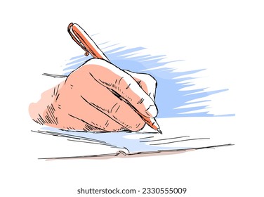 Hand writes with a pen in a notebook. Education, study and business concept. Vector color illustration sketch. Line drawing