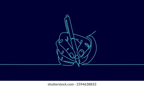 Hand writes pen paper. Business document signature. Contract design education notes. Minimal line drawing dark blue background vector illustration