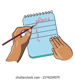 hand writes with a pen or pencil in a notebook, square, isolated white background, stock vector illustration, planning, list, recording, seminar, study