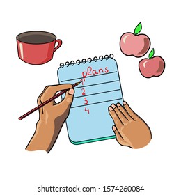 hand writes with a pen or pencil in a notebook, apples, tea or coffee, square, isolated white background, stock vector illustration, planning, list, recording, workshop, study