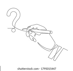 Hand writes question mark. Sketch one line hand draw question mark, quiz and survey symbol, continuous linear graphic vector concept. Question mark typography, drawing monochrome line illustration