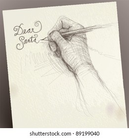 Hand writes “Dear Santa” / realistic sketch (not auto-traced)