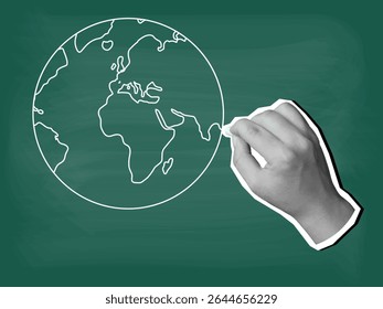 A hand writes a round Earth on a blackboard with chalk. Modern collage style. Vector illustration