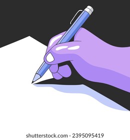 Hand writes something with a pen on paper, flat vector illustration.