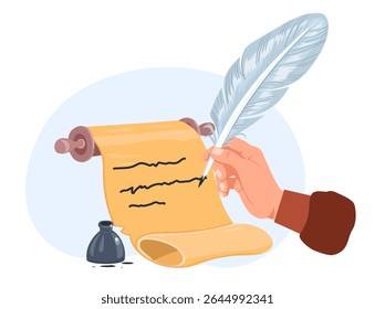 Hand writes text with quill pen on parchment in ink. Ancient stationery. Document sheet. Letter message. Vintage handwriting poetry. Inkwell for writing on paper scroll