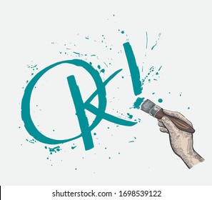 Hand writes the word "OK!" with a brush and paint, vector iilustration.