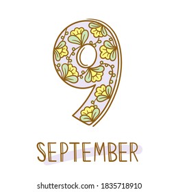 Escribiendo mano el 9 y septiembre sobre fondo blanco. Hand dibujó números. Diseño de ilustración vectorial. Para calénder, web, tarjeta.
