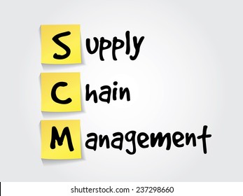 Hand writing acronym Supply Chain Management (SCM) on yellow sticky notes, business vector concept