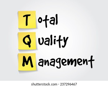 Hand writing acronym Total Quality Management (TQM) on yellow sticky notes, business vector concept