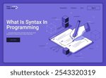 Hand writing application code with pencil on purple background. Syntax in programming landing page isometric template. Combinations of structured symbols 3d vector illustration for web page