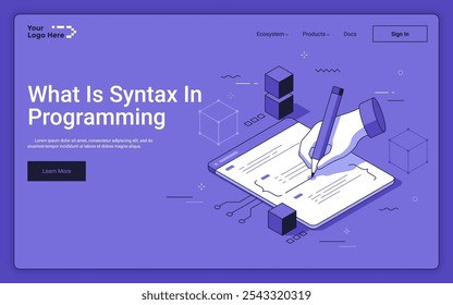 Código de aplicación de escritura a mano con lápiz sobre fondo púrpura. Sintaxis en la programación de la Plantilla isométrica de la página de destino. Combinaciones de símbolos estructurados Ilustración vectorial 3D para página de Web