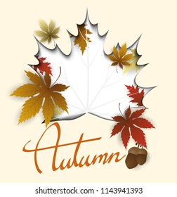hand writing Autumn text  boder, Banner with leaves with paper cut style.